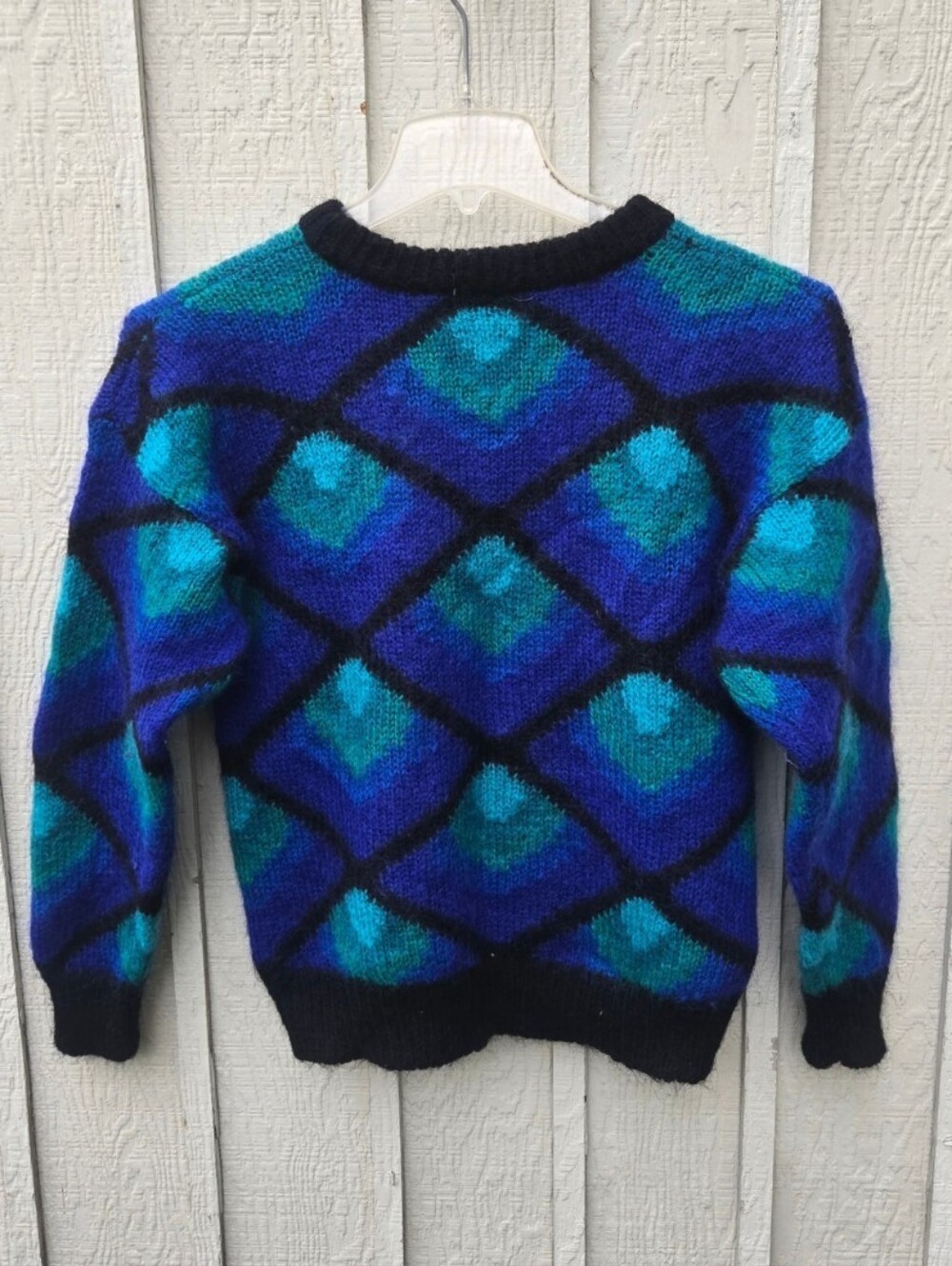 Vintage BlassSport Bill Blass Blue Teal Mohair Geometric Diamond Sweater